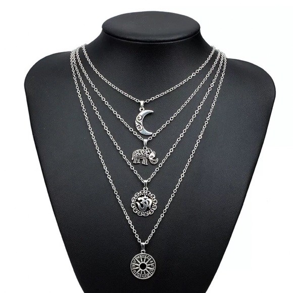 Boho 4-Strand Elephant Moon Pendant Necklace 3D - Picture 8 of 8